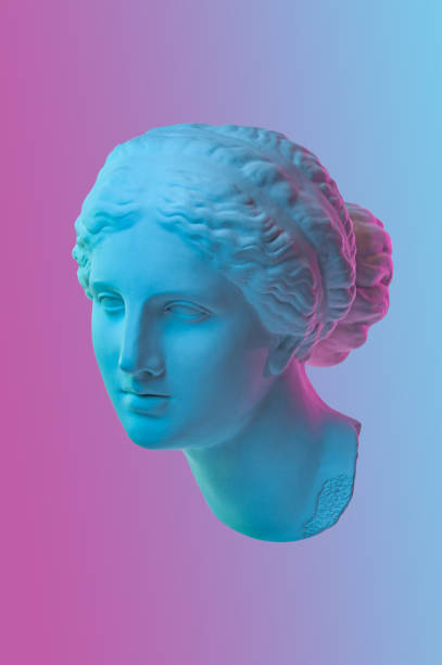 Statue of Venus de Milo. Creative concept colorful neon image with ancient greek sculpture Venus or Aphrodite head. Webpunk, vaporwave and surreal art style. Pink and blue duotone effects. Statue of Venus de Milo. Creative concept colorful neon image with ancient greek sculpture Venus or Aphrodite head. Pink and blue duotone effects. Webpunk, vaporwave and surreal art style. bust sculpture photos stock pictures, royalty-free photos & images