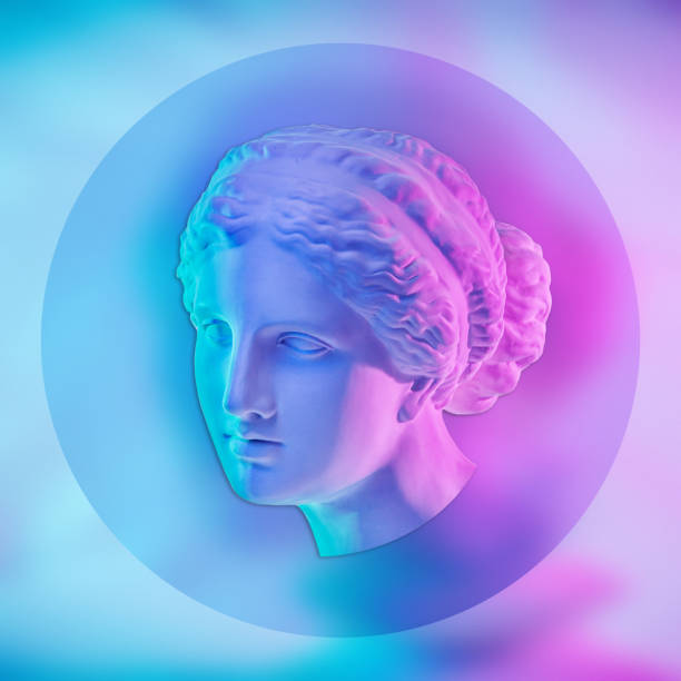istock Statue of Venus de Milo. Creative concept colorful neon image with ancient greek sculpture Venus or Aphrodite head. Webpunk, vaporwave and surreal art style. Pink and blue duotone effects. 1221447940