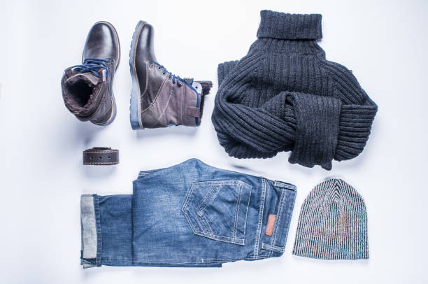 istock Men's winter clothes on white background. Flat lay and top view 1221448076