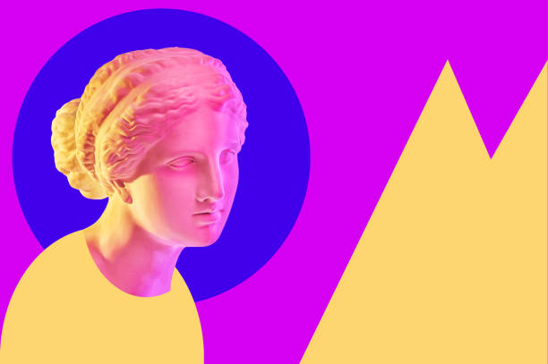 Statue of Venus de Milo. Creative concept colorful neon image with ancient greek sculpture Venus or Aphrodite head. Webpunk, vaporwave and surreal art style. Pink and yellow duotone effects. Statue of Venus de Milo. Creative concept colorful neon image with ancient greek sculpture Venus or Aphrodite head. Pink and yellowduotone effects. Webpunk, vaporwave and surreal art style. bust sculpture photos stock pictures, royalty-free photos & images