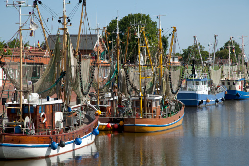 Fishing ships in the port of Zoutkamp at the Lauwersmeer in Groningen, Netherlands during a springtime day.