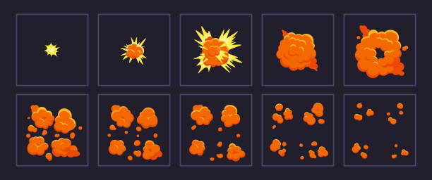 ilustrações, clipart, desenhos animados e ícones de explosões de movimento de desenho animado. tiro de explosão animado, explodir quadros de fogo. conjunto de ilustração vetorial de quadros de efeito explosivo - image sequence