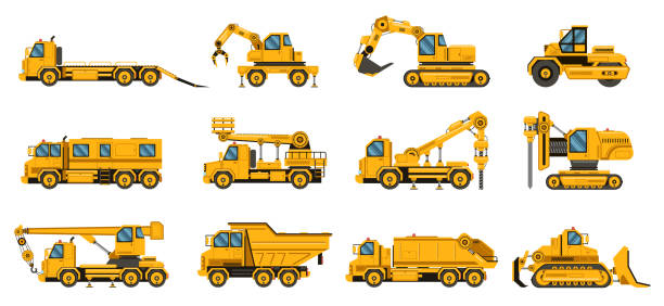 illustrazioni stock, clip art, cartoni animati e icone di tendenza di camion da costruzione. camion per la costruzione di attrezzature, camion gru di scavo, trattori e bulldozer, set vettoriale isolato del motore di grandi dimensioni - trapani