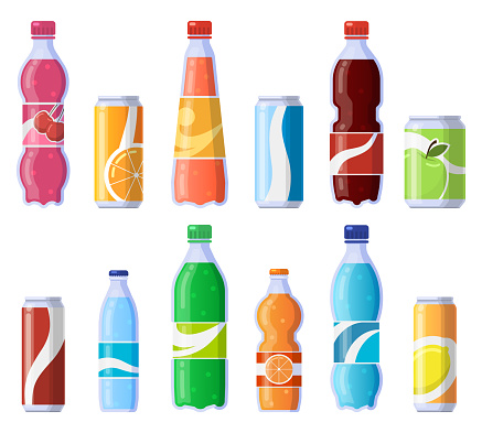 Soft drink cans and bottles. Soda bottled drinks, soft fizzy canned drinks, soda and juice beverages isolated vector illustration icons set. Beverage fizzy juice, soda in plastic and tin