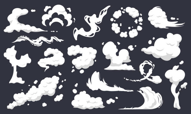 Cartoon smoke clouds. Comic smoke flows, dust, smog and smoke steaming cloud silhouettes isolated vector illustration set Cartoon smoke clouds. Comic smoke flows, dust, smog and smoke steaming cloud silhouettes isolated vector illustration set. Wind silhouette steaming, smoke explosion, comic cloud collection cumulus clouds drawing stock illustrations