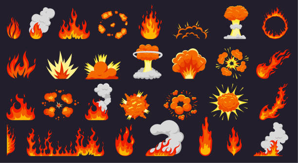 cartoon-feuer-explosionen. feuerflammen, heißes lagerfeuer, explosive bombenwolken, flammende explosionen. flammen-silhouetten isoliert vektor-illustration-set - nuclear energy flash stock-grafiken, -clipart, -cartoons und -symbole