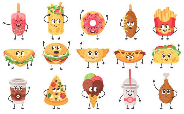 ilustraciones, imágenes clip art, dibujos animados e iconos de stock de mascotas de comida divertidas. bonita mascota de comida chatarra de garabatos, comida rápida con caras, hamburguesa de queso feliz, pizza y croissant vector ilustración iconos conjunto - hamburger refreshment hot dog bun