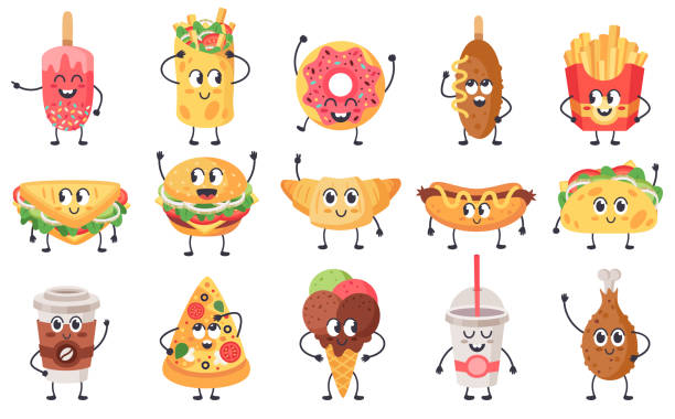 illustrations, cliparts, dessins animés et icônes de drôles de mascottes culinaires. mascotte mignonne de malbouffe de griffonnage, restauration rapide avec des visages, cheeseburger heureux, pizza et croissant vector illustration icônes ensemble - hamburger refreshment hot dog bun