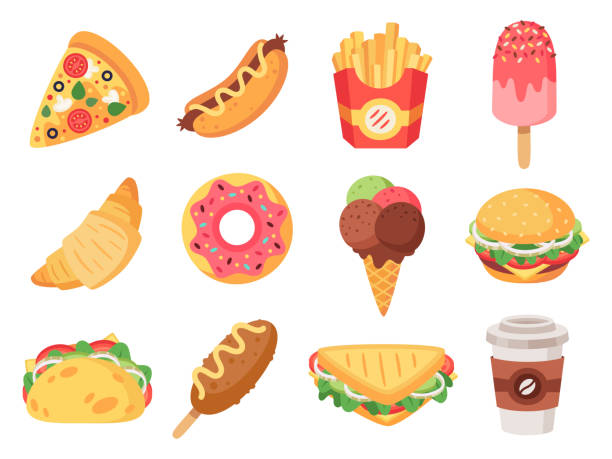 фаст-фуд. нежелательная еда и закуски, гамбургер, тако, картофель фри, пончик и пицца высококалорийной пищи. doodle фаст-фуд вектор изолированн� - hot dog hamburger burger grilled stock illustrations