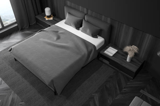 istock Gray and wooden master bedroom, top view 1221448471