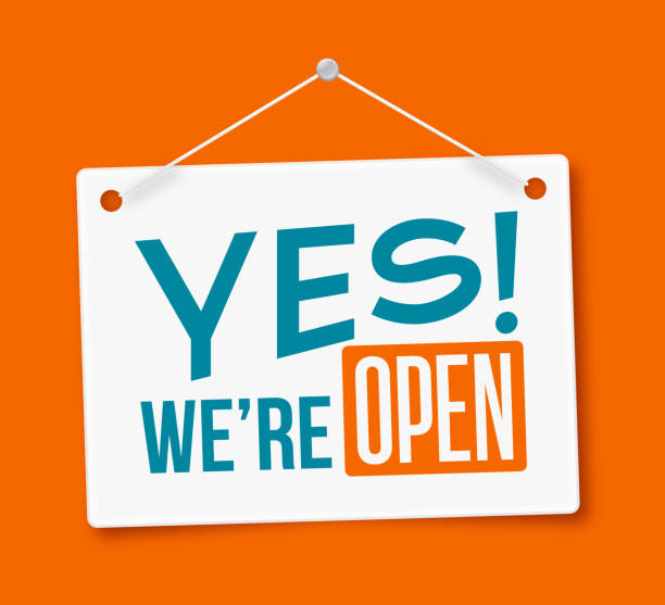 Yes, We're Open! Sign Yes! We're Open business open hours hanging sign isolated on white. store sign stock illustrations