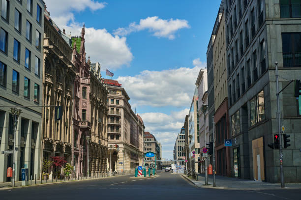 Berlin, Germany - April 26, 2020: View to the Friedrichstreet in central Berlin, which is almost completely deserted due to the pandemic with Covid-19.