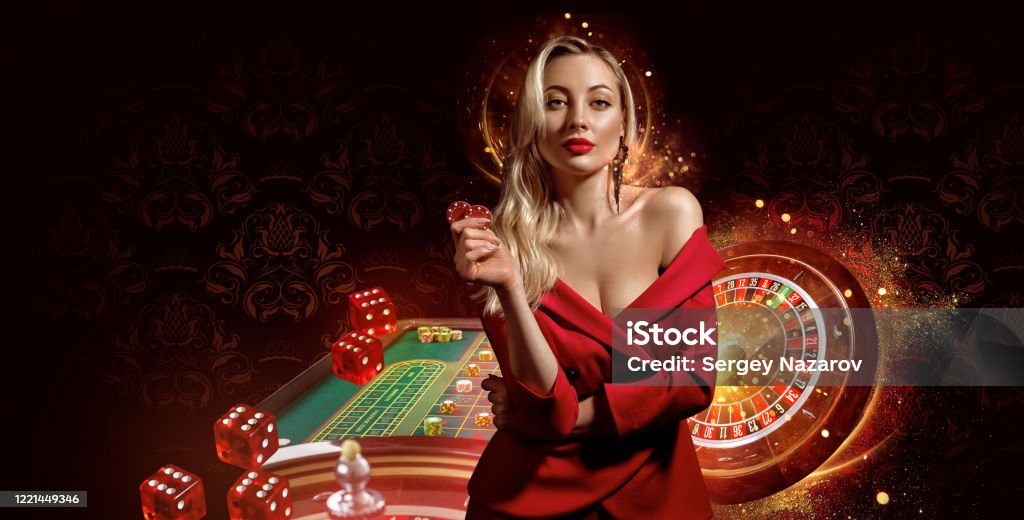 Girl In Red Dress Showing Chips Posing On Dark Background Roulette Playing  Table With Stacks Of Colorful Chips On It Flying Dices Poker Casino Stock  Photo - Download Image Now - iStock