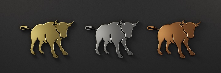 Group of Bull in metallic colors. in black background