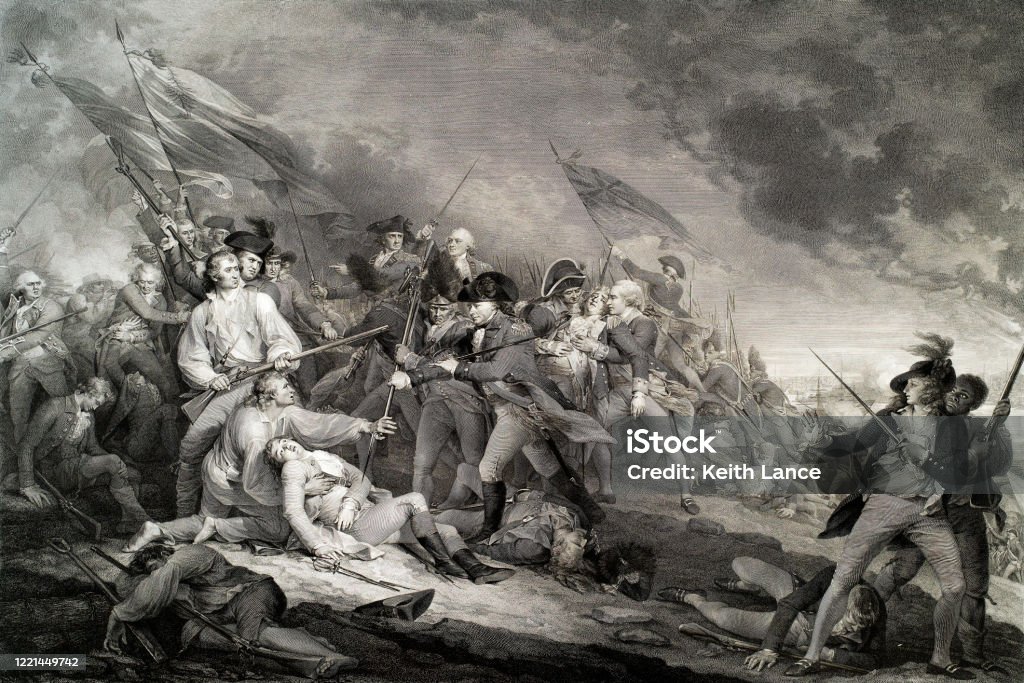 The Battle of Bunker Hill, 1775 Vintage illustration features the Battle of Bunker Hill fought on June 17, 1775, during the Siege of Boston in the early stages of the American Revolutionary War. Shown here is the death of American General Joseph Warren. American Revolution stock illustration