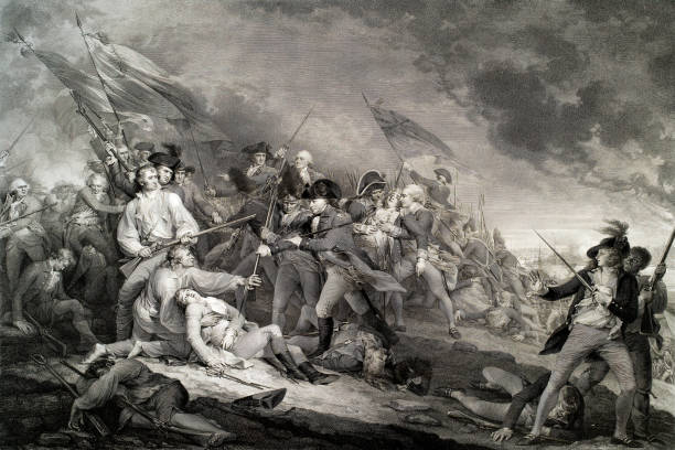 The Battle of Bunker Hill, 1775 Vintage illustration features the Battle of Bunker Hill fought on June 17, 1775, during the Siege of Boston in the early stages of the American Revolutionary War. Shown here is the death of American General Joseph Warren. clothing north america usa massachusetts stock illustrations