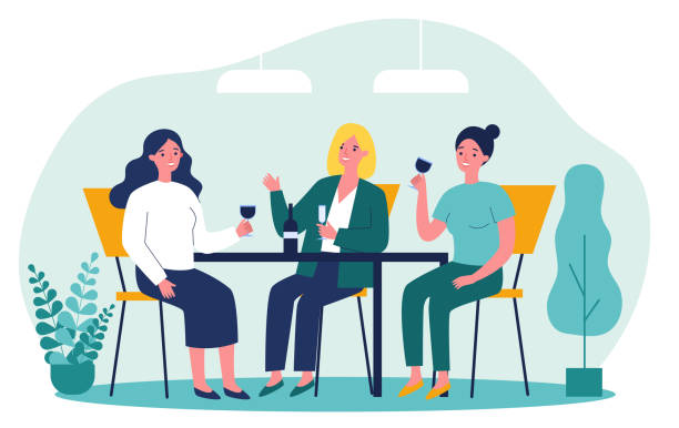 glückliche freundinnen hängen im café - freundinnen stock-grafiken, -clipart, -cartoons und -symbole