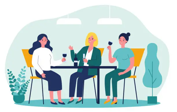 Vector illustration of Happy female friends hanging out in cafe