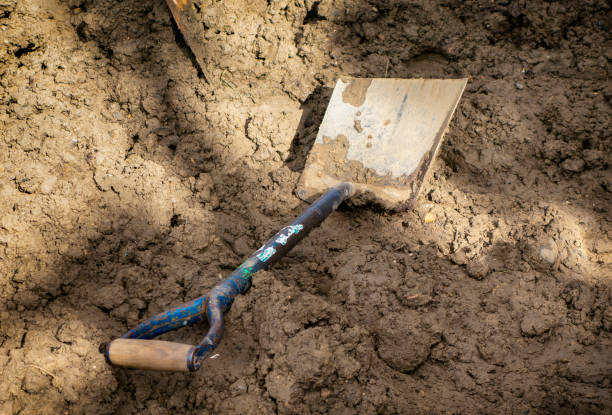 Shovel lying on mud A soil-caked shovel lying in a partly dug-over area of mud in mottled sunlight. burying stock pictures, royalty-free photos & images