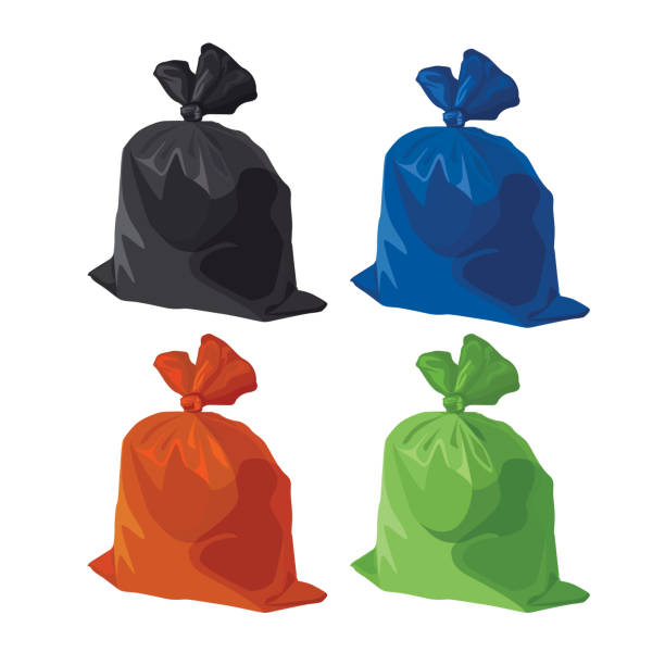 ilustraciones, imágenes clip art, dibujos animados e iconos de stock de conjunto de iconos de bolsas de basura. basura, residuos y basura en envase de plástico. vector - garbage bag