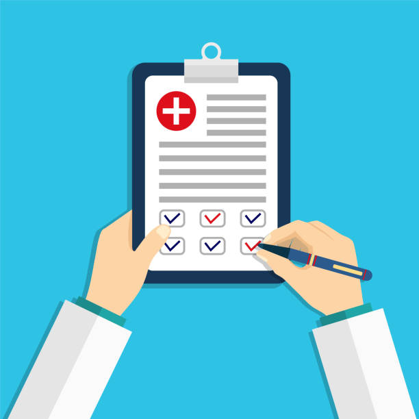 ilustrações de stock, clip art, desenhos animados e ícones de medical board with clip. doctor hold in hand clipboard with clinic report. document of patient check. medicine prescription for treatment. health test in note. form record clinical research. vector - baby icons audio