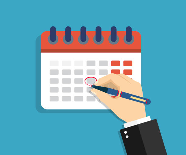 Calendar with circled date, appointment. Arm marks holiday in Calendar on the wall. Schedule of events on day, week, month and year. Important office plan. Banner for app, deadline, poster. Vector Calendar with circled date, appointment. Arm marks holiday in Calendar on the wall. Schedule of events on day, week, month and year. Important office plan. Banner for app, deadline, poster. Vector. 156 number stock illustrations