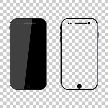 PNG mockup. Phone mock up. Black smartphone. Mobile cellphone with blank screen isolated on transparent background. Template and frame of smart. Realistic 3d 6,7 ui for app, background. Vector.
