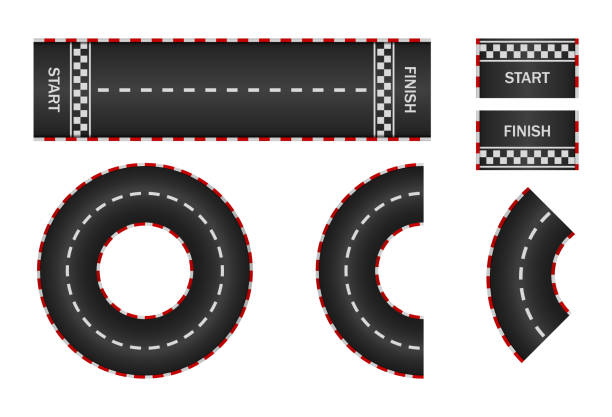 illustrations, cliparts, dessins animés et icônes de course à l’infini. piste avec départ, arrivée et ligne sur route. piste de course en courbe et en cercle. voiture de course monoplace à roues ouvertes dans la rue. autoroute, asphalte, dérive de l’icône de la voiture. arrière-plan du trafic 3d.  - car road highway open