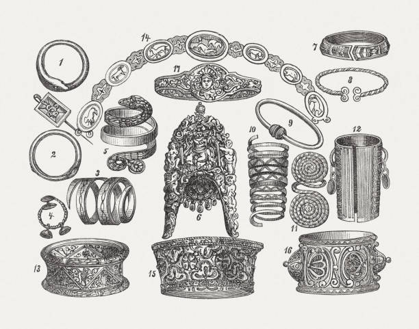 исторические ювелирные изделия для рук, гравюры на дереве, опубликованные в 1893 году - культура египта иллюстрации stock illustrations