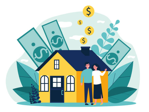 People buying property with bank credit People buying property with bank credit. Savings of young couple falling into house chimney. Vector illustration for mortgage, ownership, rent, investment concept home ownership stock illustrations