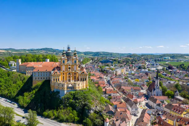 Melk in the Wachau valley, Lower Austria.  Cityview to the town and abbey.