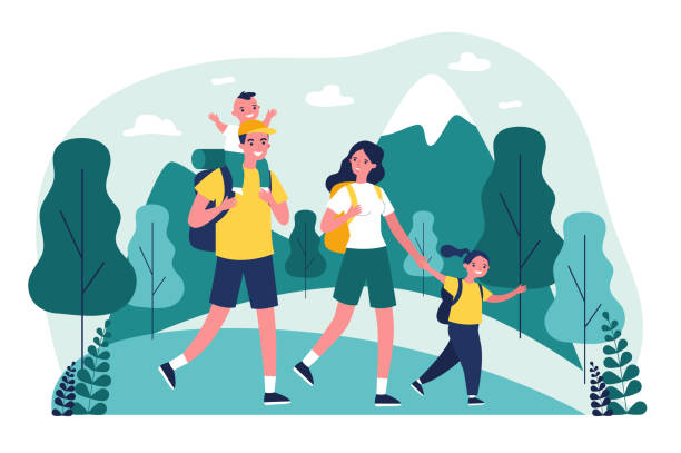 Active happy family travelling together in mountains Active happy family travelling together in mountains flat vector illustration. Father, mother and children hiking and camping with backpack at nature. Trip and holiday concept. family vacation stock illustrations