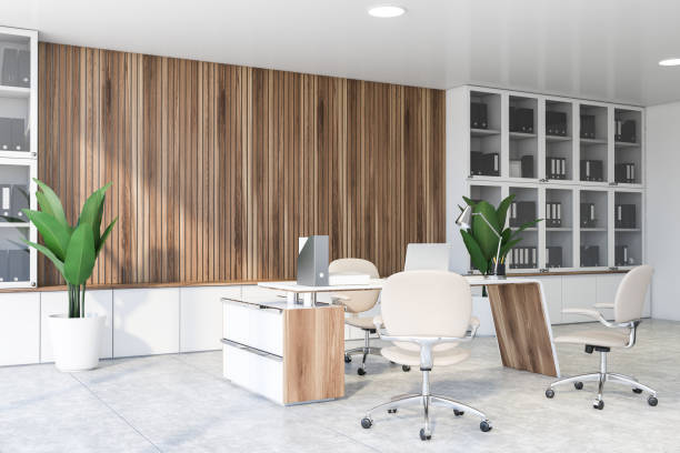 istock Wooden CEO office corner with bookcase 1221451840