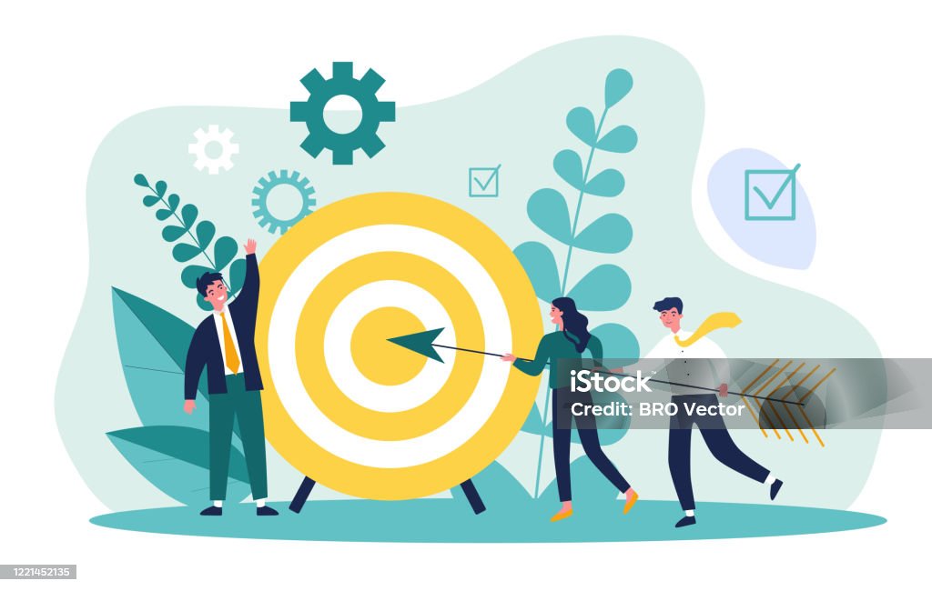 Businesspeople driving arrow to goal Businesspeople driving arrow to goal. Successful professional team hitting target. Vector illustration for challenge, aim, achievement, teamwork, business, marketing concept Sports Target stock vector