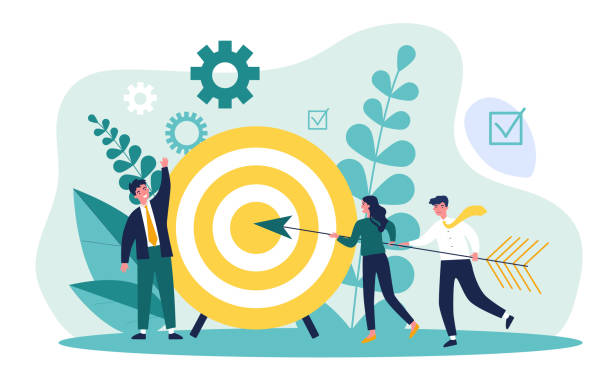 Businesspeople driving arrow to goal Businesspeople driving arrow to goal. Successful professional team hitting target. Vector illustration for challenge, aim, achievement, teamwork, business, marketing concept teamwork illustrations stock illustrations