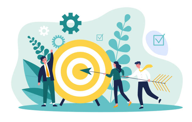 Businesspeople driving arrow to goal Businesspeople driving arrow to goal. Successful professional team hitting target. Vector illustration for challenge, aim, achievement, teamwork, business, marketing concept scoring a goal stock illustrations