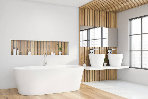 istock White and wooden master bathroom corner 1221452795