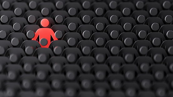 Unique color red human shape among dark ones. Leadership, individuality and standing out of crowd concept. 3D illustration