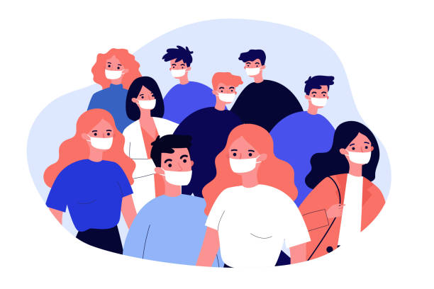 ilustrații de stoc cu mulțime de persoane care poartă măști de protecție medicală - covid 19
