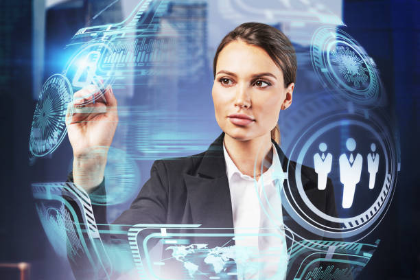 istock Businesswoman working with GUI in city 1221453783
