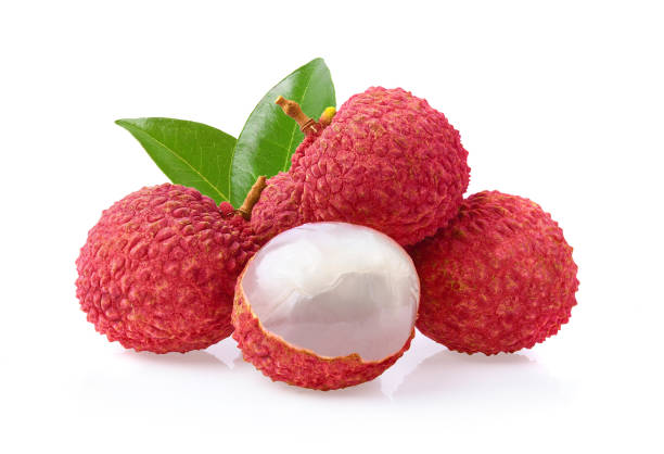 istock Lychee with leaves tropical fruit isolated on white background. 1221453910