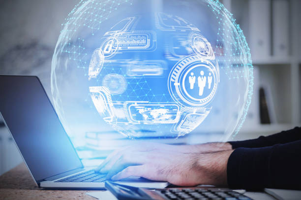 istock Man typing on laptop in office, business interface 1221455696