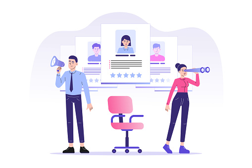 We are hiring concept. Young HR man shout out with megaphone and woman looking for perfect candidate with binoculars. Job hiring. Online recruitment and headhunting agency concept. Vector illustration