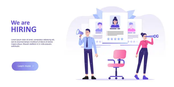 Vector illustration of We are hiring web landing page template. Young HR man shout out with megaphone and HR woman looking with binoculars. Job hiring. Online recruitment and headhunting agency concept. Vector illustration
