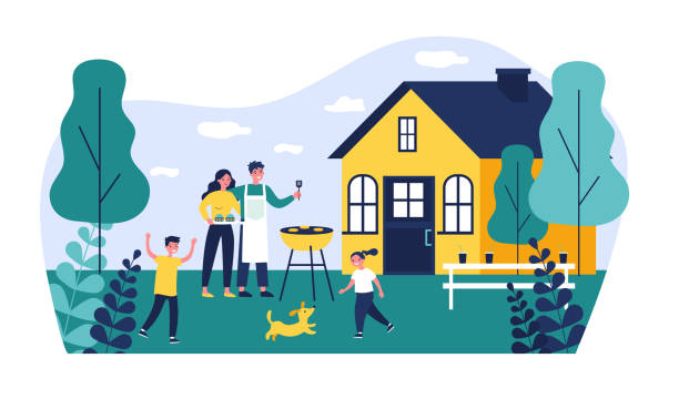 Happy family doing barbecue at garden flat vector illustration Happy family doing barbecue at garden flat vector illustration. Mother and father cooking outdoor near house. Kids playing with dog at backyard. BBQ party and weekend concept family outdoors stock illustrations