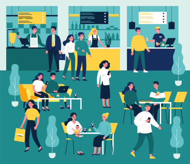 Young people eating at fast food restaurant Young people eating at fast food restaurant flat vector illustration. Man and woman having lunch at cafe or cafeteria. Character sitting at table, using digital device. Lifestyle and leisure concept. quick service restaurant cashier stock illustrations