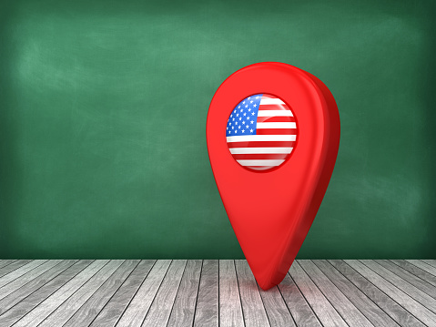 GPS Marker with AMERICAN Flag on Chalkboard - 3D Rendering
