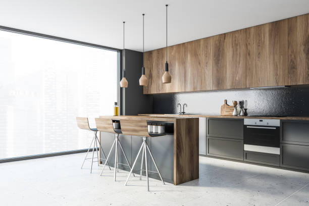 istock Panoramic gray and wooden kitchen corner with bar 1221458916