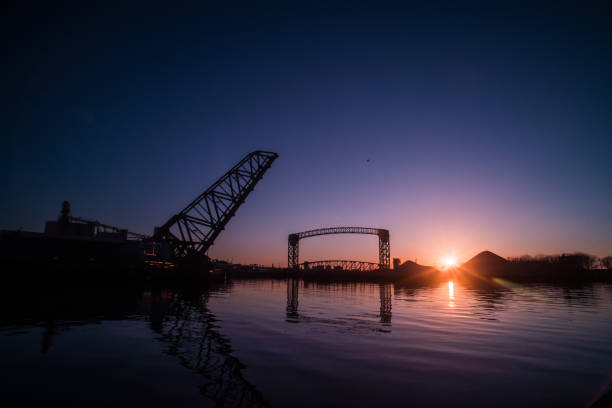 The Shoreway Bridge over the Cuyahoga River in Cleveland Ohio at Sunset