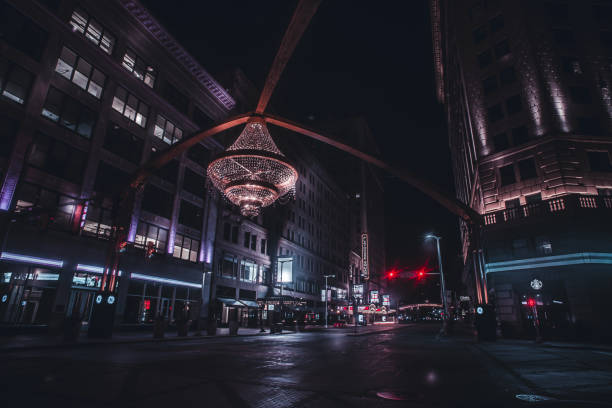 Playhouse Square in Cleveland Ohio Cleveland Ohio Theater District Playhouse Square lights at night featuring its famous Chandelier cleveland ohio photos stock pictures, royalty-free photos & images